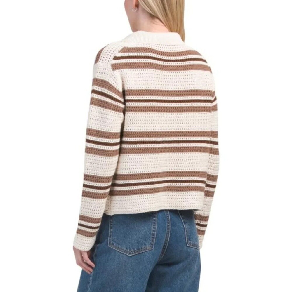 Elie Tahari women Beige Almond Striped Crochet Knit Polo Sweater sze Medium $285 - Picture 2 of 8